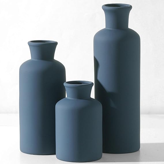 Ceramic Vase Set of 3, Neutral Modern Vases Home Decor Boho Vase Farmhouse Decor Flowers  Vases for Table Mantel Entryway Shelf Living Room Kitchen Bathroom - Navy Blue