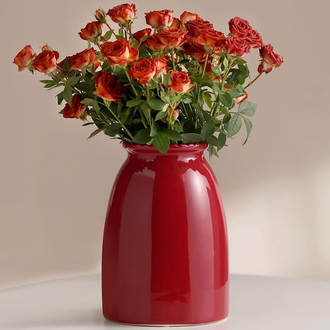 Red Flower Vase- Ceramic Vase for Decor, White vase for Flowers, Modern Vases for Living Room/Home Decor Accents/Entryway/Mantel/Bookshel-Red