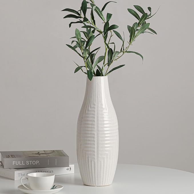 White Vase -Ceramic Vase for Home Decor, Modern Decor Vases for Living Room/Bookshelf/Mantel/Home Decor Accents -13.8