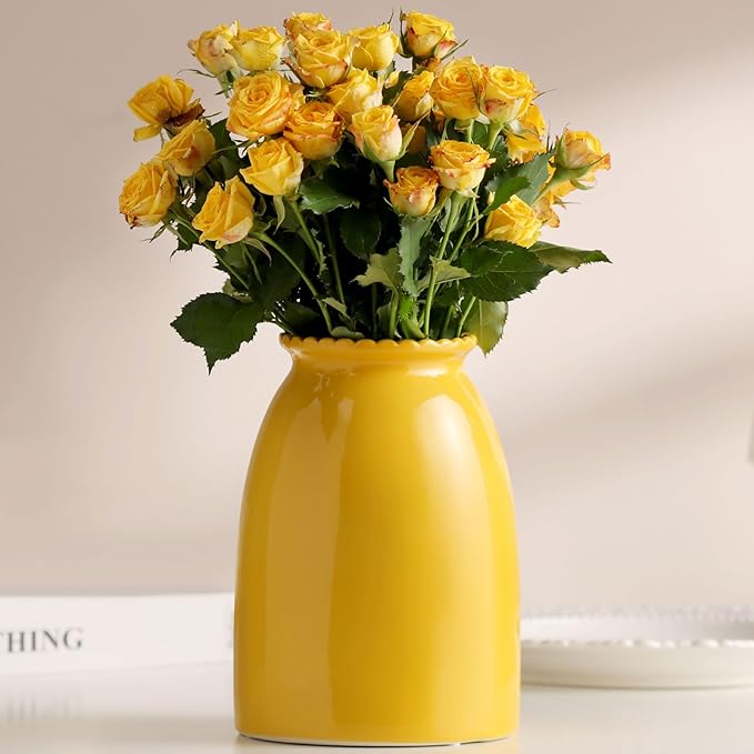 Yellow Flower Vase- Ceramic Vase for Decor, Decor vase for Flowers, Modern Vases for Living Room/Home Decor Accents/Entryway/Mantel/Bookshel-Yellow