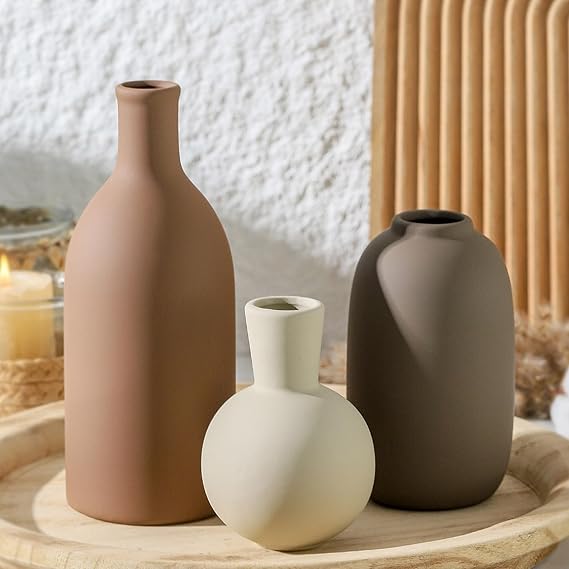Ceramic Vases Set of 3, Modern Neutral Rustic Farmhouse Home Decor Pottery  Decoration for Living Room, Table, Bathroom, Bedroom, Entryway - Brown