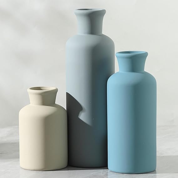 Ceramic Vase Set of 3, Neutral Modern Vases Home Decor Boho Vase Farmhouse Decor Flowers  Vases for Table Mantel Entryway Shelf Living Room Kitchen Bathroom - Blue