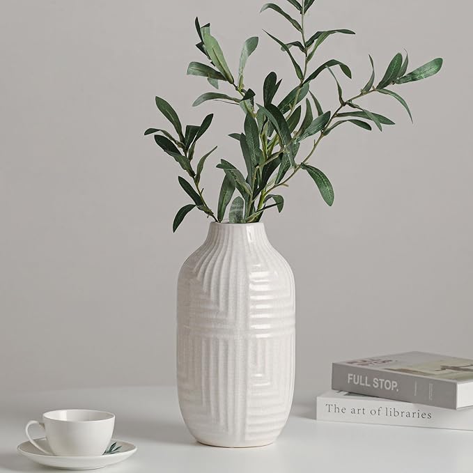 White Ceramic Vase for Home Decor - Modern Vases for Living Room/Bookshelf/Mantel - 10.6