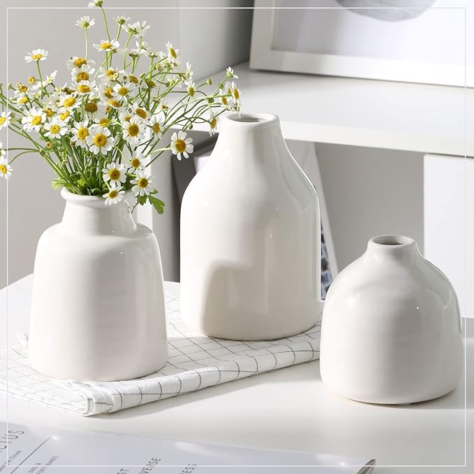 Small White Vase Set of 3 for Modern Home Decor,Ceramic Vases for Centerpieces Flower Vases for Living Room Wedding/Dinner Table/Party -White