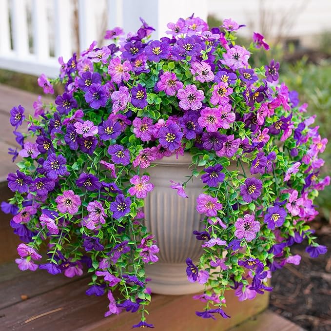 Artificial Flowers for Outdoors Decoration, 2Pcs Dark Purple and Purple Fake Hanging Flowers, UV & Fading Resistant, Faux Decor for Porch Patio Balcony Planter