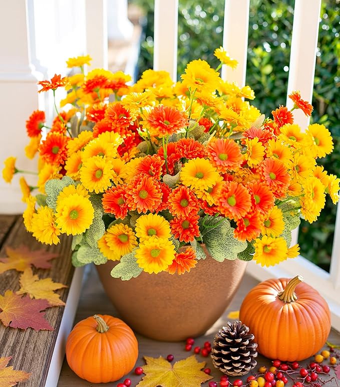 Dahlia Artificial Fall Flowers for Outdoors Autumn Decoration, 6 Bundles Fake Mums Faux Flowers Plants Realistic UV Resistant Silk Flowers for Outside Planter Yard Garden Home, Orange Yellow