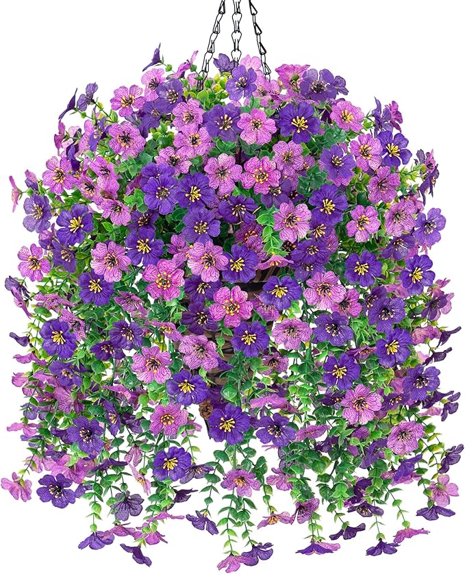 Artificial Hanging Flowers Basket for Outdoor, Fake Flowers Faux Plants Look Real for Yard Gardens Porch Patio Home (Darkpurple+Purple)