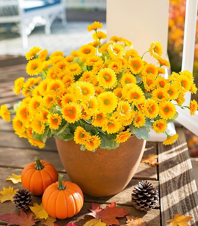 Dahlia Artificial Fall Flowers for Outdoors Autumn Decoration, 6 Bundles Fake Mums Yellow Faux Flowers Plants Realistic UV Resistant Silk Flowers for Outside Planter Front Door Yard Garden