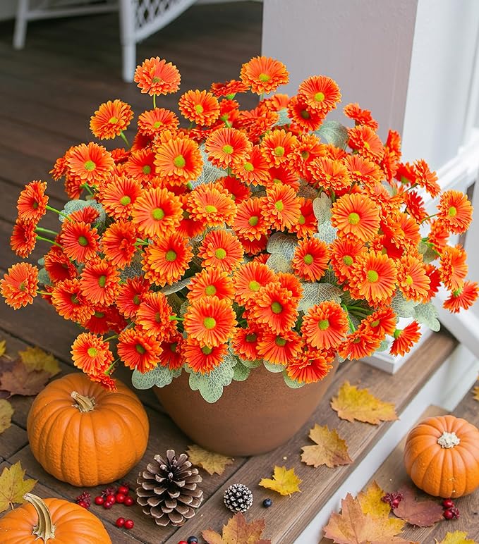 Dahlia Artificial Fall Flowers for Outdoors Autumn Decoration, 6 Bundles Fake Mums Orange Faux Flowers Plants Realistic UV Resistant Silk Flowers for Outside Planter Front Door Yard Garden
