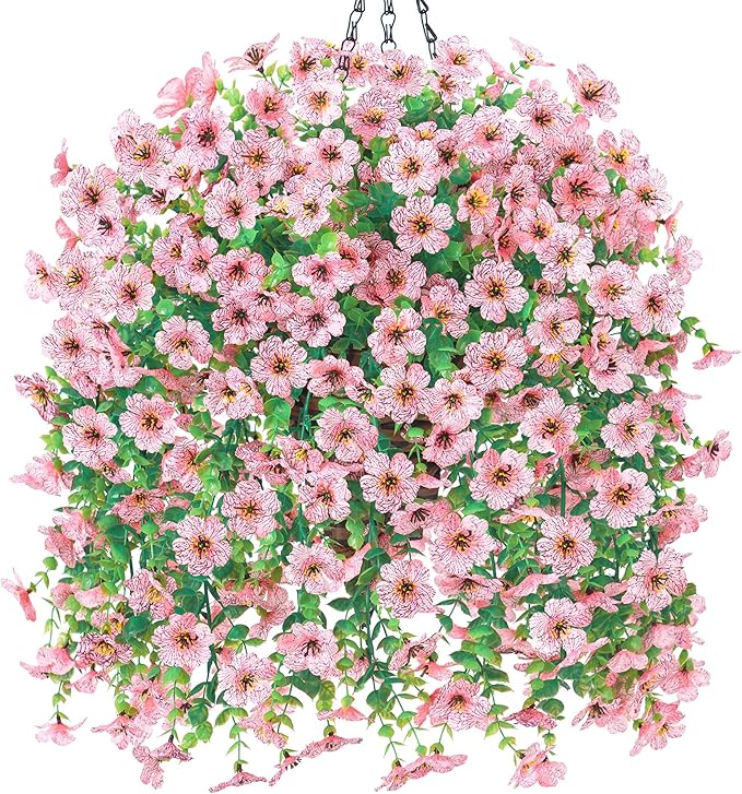 Artificial Hanging Flowers Basket for Outdoor, Fake Flowers Faux Plants Look Real for Yard Gardens Porch Patio Home (Pink)