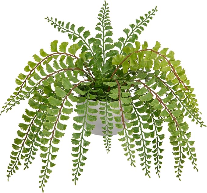 Artificial Fern Potted Plant for Outdoors Indoors Lifelike Faux Boston Fern Artificial Plants in White Pot for Garden Patio Home Farmhouse Windowsill Office Decoration