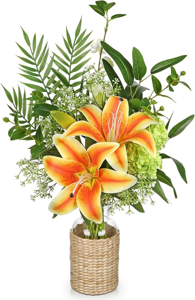 Fake Flowers with Vase, Orange Silk Tiger Lily Artificial Flowers in Vase, Faux Plants and Flowers Arrangement Bouquets with Vases for Table Centerpieces Office Bathroom Home Decor