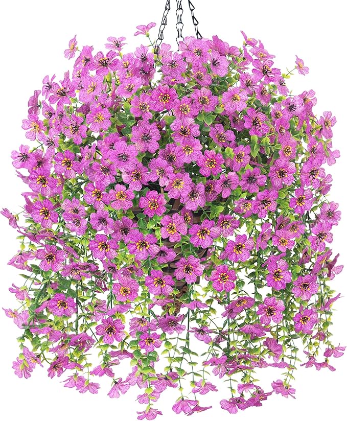 Artificial Hanging Flowers Basket for Outdoor, Fake Flowers Faux Plants Look Real for Yard Gardens Porch Patio Home (Purple)