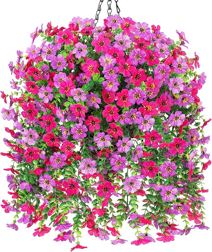 Artificial Hanging Flowers Basket for Outdoor, Fake Flowers Faux Plants Look Real for Yard Gardens Porch Patio Home (Purple+Hotpink)