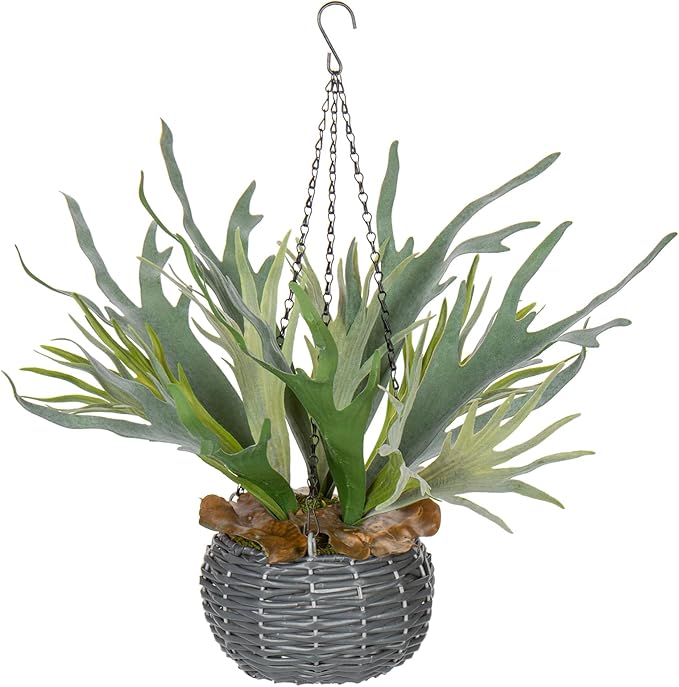 Artificial Staghorn Fern Hanging Plants, Fake Boston Fern Hanging Plant in Persian Rattan Pot Faux Fern Plant Potted Hanging Plant for Indoor Outdoor Home Wall Room Garden Decor