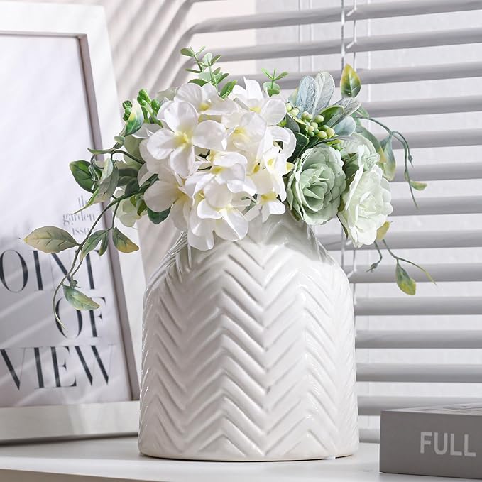 White Vase for Flowers Ceramic Vase for Decor, Modern Decorative Vase, Vases for Your Kitchen/Office/Living Room/Bookshelf/Mantel - White Texture(Small)