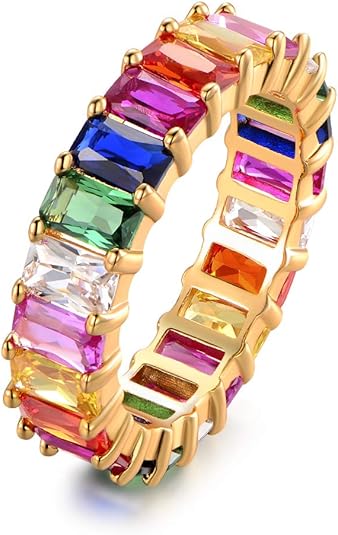 Eternity Rainbow Ring Wedding Band for Women | 18K Gold Plated Emerald-Cut Rainbow Multi Color Created-Gemstone Eternity Ring