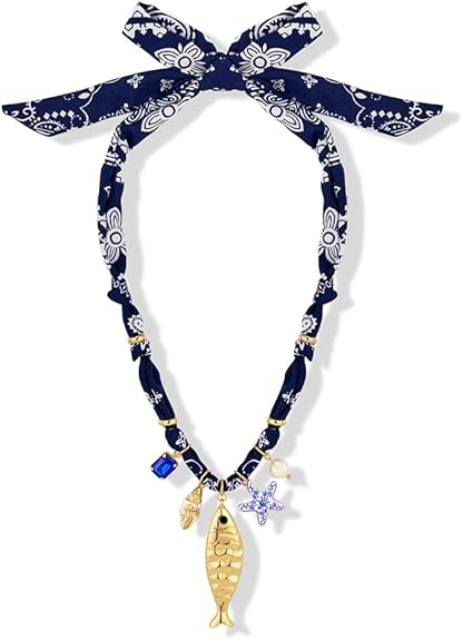 Chunky Gold Fish Pendant Necklace For Women Long Silk Scarf Turquoise Strand Necklace With Fish Pendants Boho Beach Shell Statement Necklaces