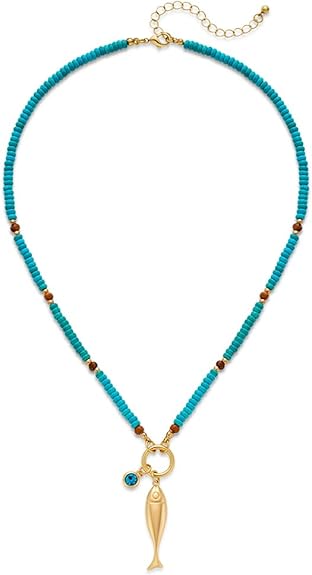 Chunky Gold Fish Pendant Necklace For Women Long Silk Scarf Turquoise Strand Necklace With Fish Pendants Boho Beach Shell Statement Necklaces