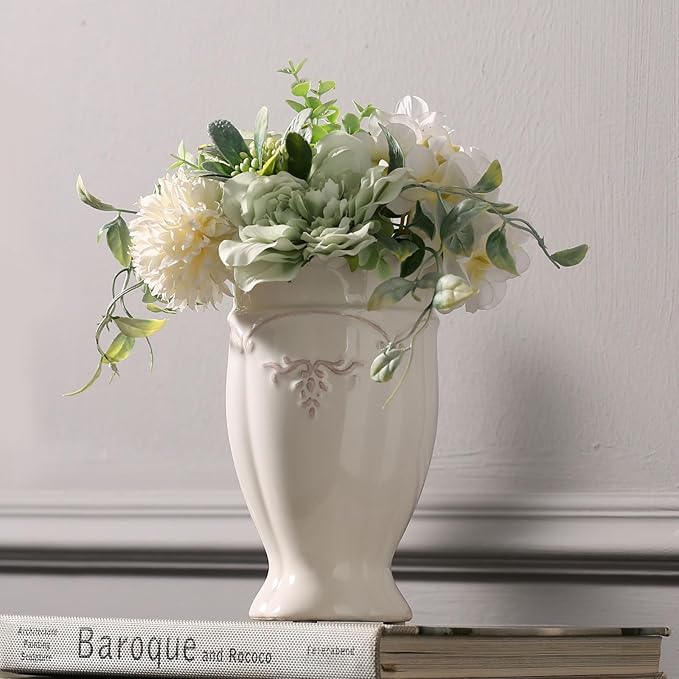 White Vase for Flowers, Ceramic vase for Home Decor French Rustic Vase for Kitchen/Table/Living Room/Shelf/Mantel/Office-Height-6.8