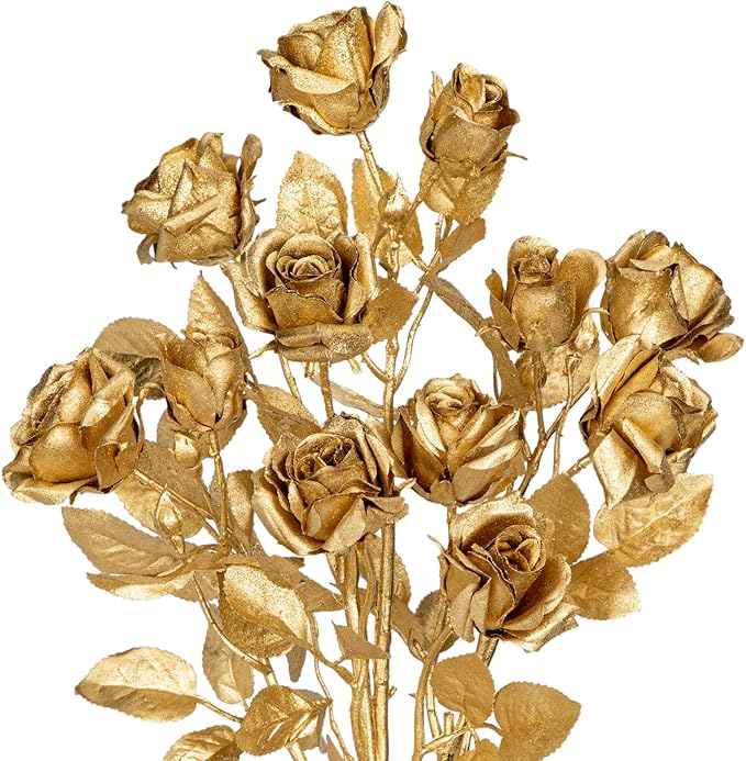 3Pcs Christmas Flowers Gold Artificial Rose Flowers 24inch Fake Roses Flower with Three Heads Floral Arrangements Bouquets Xmas Golden Faux Rose Stems for Centerpieces Christmas Home Decor