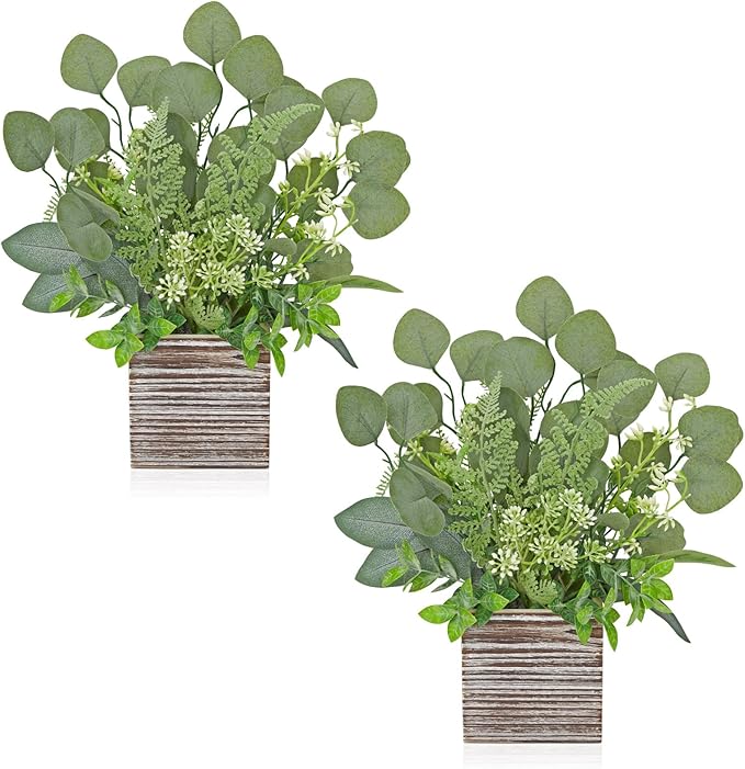2Pcs Artificial Eucalyptus Plant in Rustic Wood Planter 14