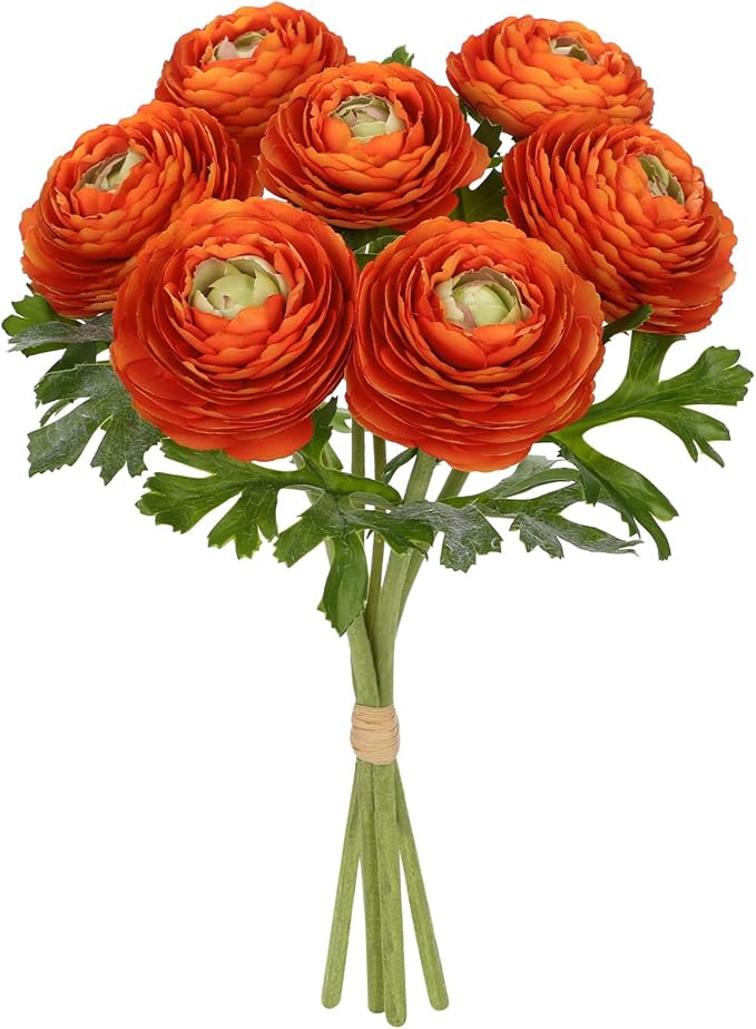 7 Heads Ranunculus Artificial Flowers Orange Fake Ranunculus Small Bouquets Silk Flowers Faux Floral Centerpieces Flower Arrangements for DIY Home Decor Wedding Party Bridal Shower Decoration