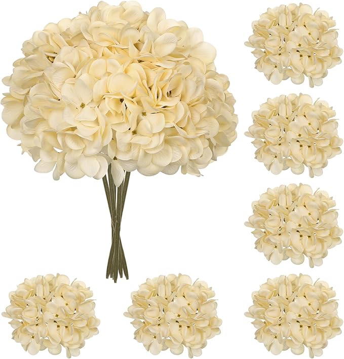6 Pcs Beige Hydrangea Artificial Flowers Heads with Stems Silk Faux Hydrangea Champagne Fake Flowers for Home Indoor Outdoor DIY Floral Wedding Flower Bouquets Kitchen Table Centerpiece Decor