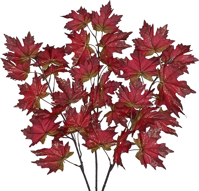 3Pcs Artificial Maple Leaves Branches Fake Fall Leaves Stems Plants Shiny Faux Maple Leaf Bushes Shrubs for Home Kitchen Decor Autumn Thanksgiving Table Fireplace Festival Party Decorations Red