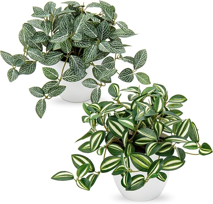 Fake Plants 2 Packs Artificial Plants Indoor Faux Plants with White Plastic Pot Small Fake Potted Plant for Home Aesthetic Living Room Bathroom Desk Shelf Office Decor