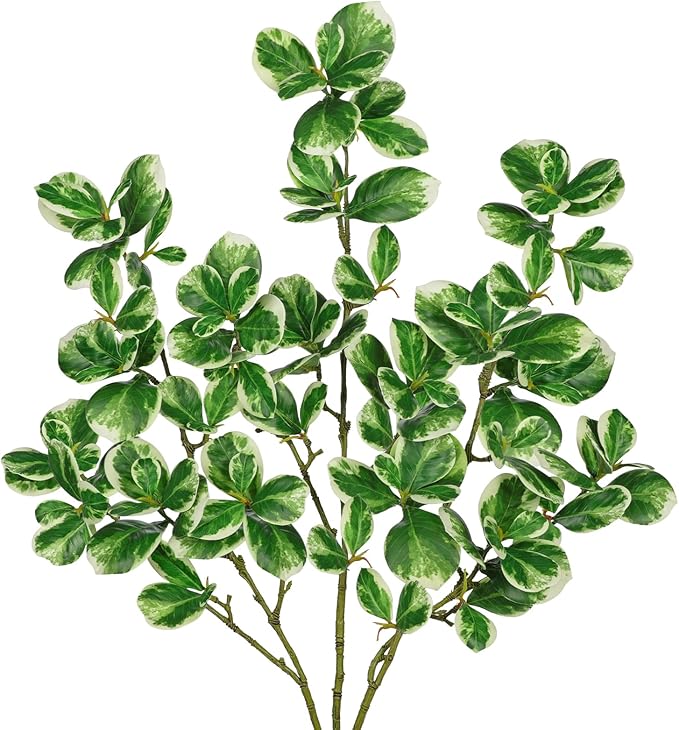 3 Packs Artificial Greenery Stems 36.2 Inch Fake Branches White Edged Leaves with Long Stems Faux Stems Greenery Stem Faux Branches for Vase Garden Home Decor Office Wedding Decoration