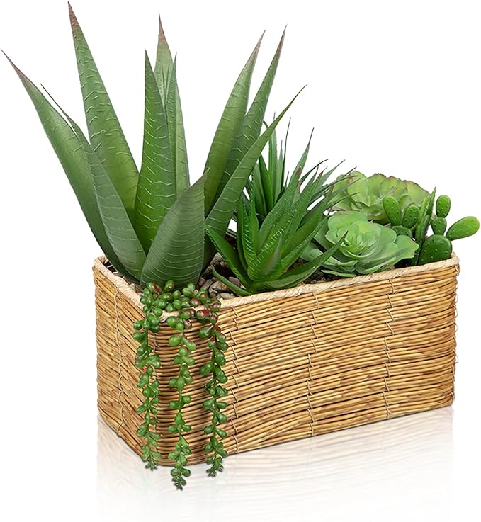 Artificial Succulent Plant Arrangement Centerpiece Assorted Fake Agave Succulents in Rectangular Woven Basket 12