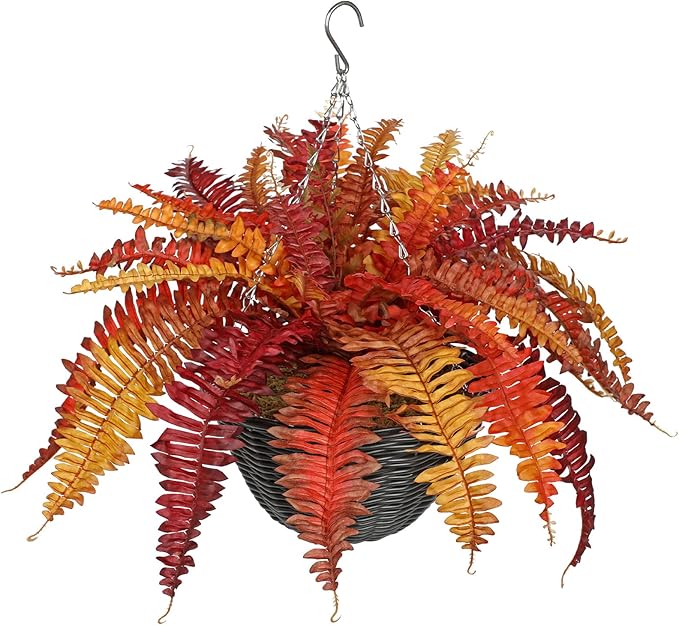 Fall Artificial Fern Fall Hanging Baskets Outdoor Indoor Silk Plant Boston Ferns Autumn Potted Plants with Black Rattan Pot for Fake Fern Bush Plant Patio Garden Farmhouse Home Decor Orange