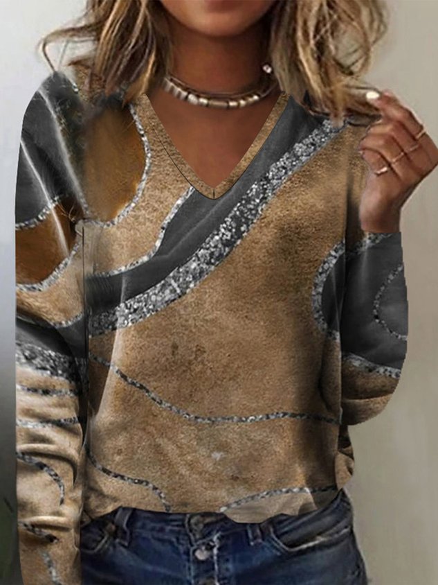 Casual Ombre V Neck Long Sleeve T-shirt