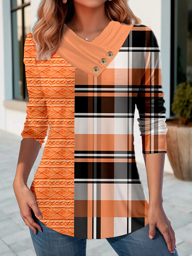 Casual Geometric V Neck Long Sleeve T-shirt