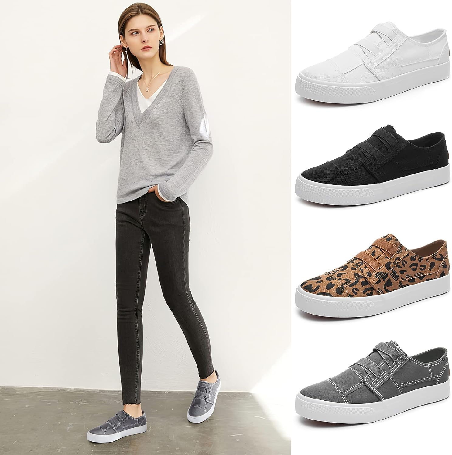 Womens Slip on Shoes Patchwork Canvas Fashion Sneakers Casual Tennis Shoes Walking Flat Shoes(Grey,US5)