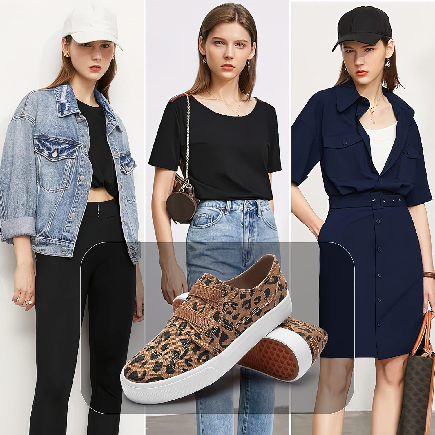 Womens Slip on Shoes Patchwork Canvas Fashion Sneakers Casual Tennis Shoes Walking Flat Shoes(Brown Leopard,US6)