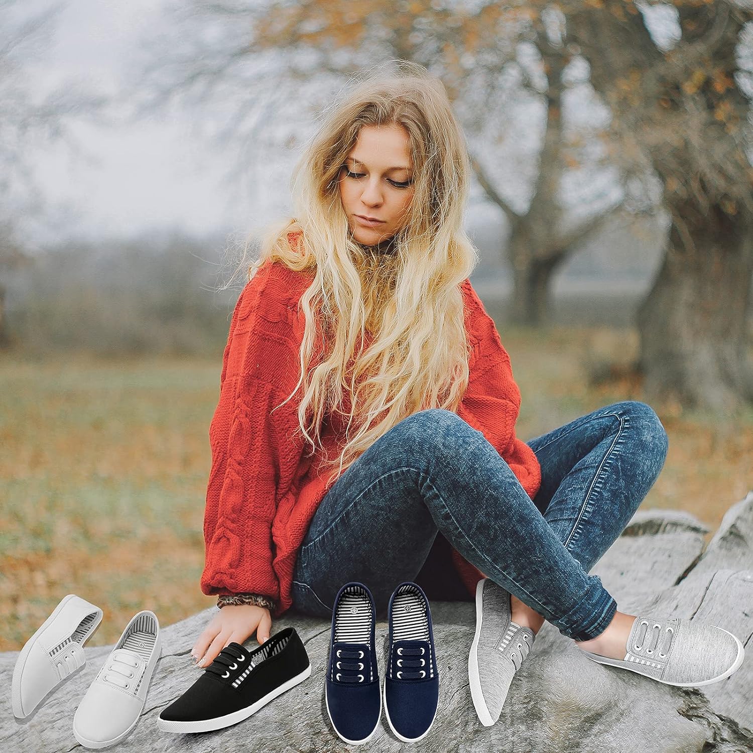 Women's Canvas Slip on Sneakers Casual Slip on Walking Shoes Womens Tennis Shoes Flat Dress Shoes Non Slip Work Shoes