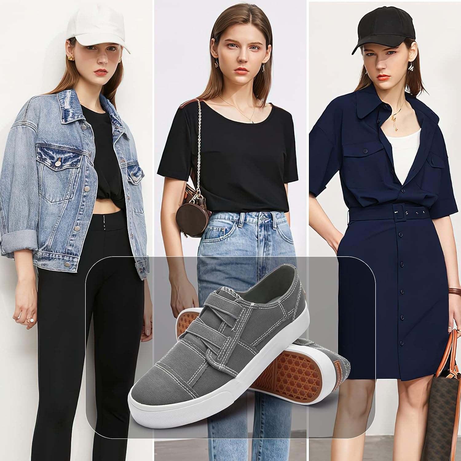 Womens Slip on Shoes Patchwork Canvas Fashion Sneakers Casual Tennis Shoes Walking Flat Shoes(Grey,US5)