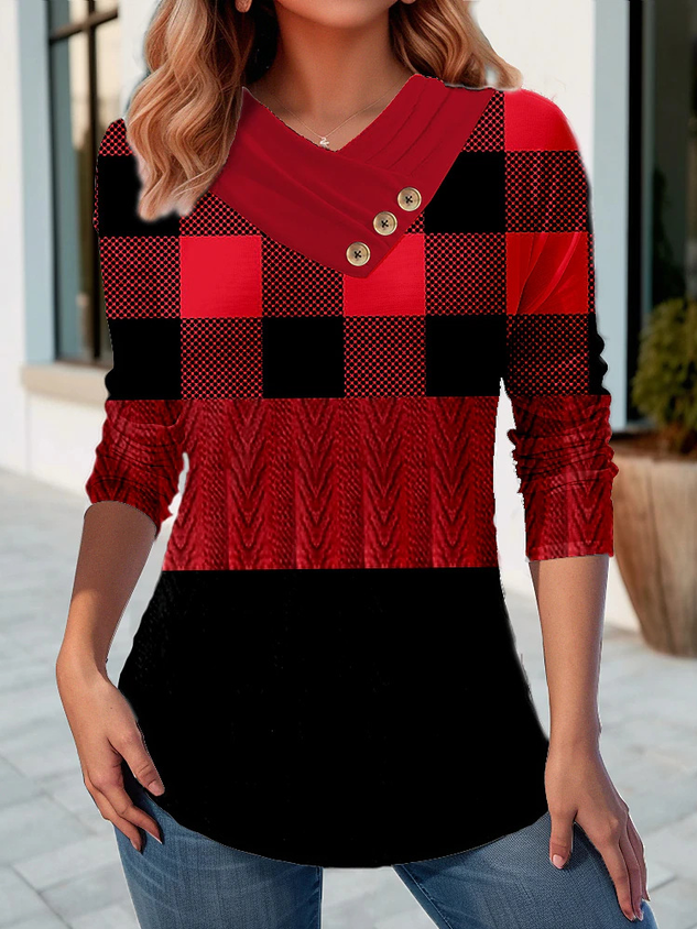 Casual Geometric V Neck Long Sleeve T-shirt