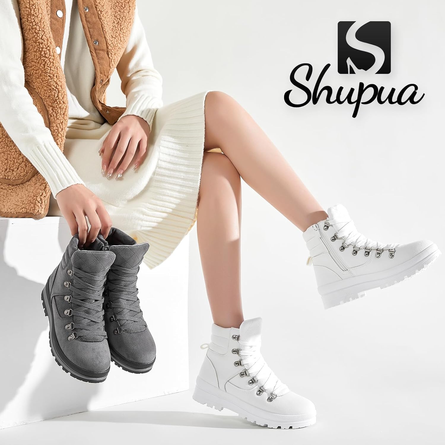 Women's Ankle Boots Winter Snow boots Fur Lined Warm Booties Girls Snow boot Lace Up Ankle boot