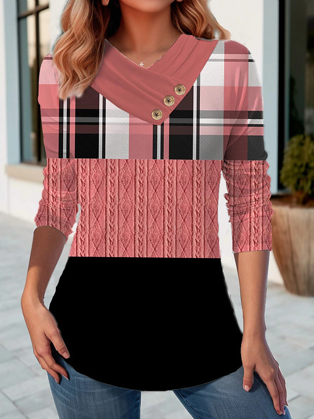 Casual Geometric V Neck Long Sleeve T-shirt