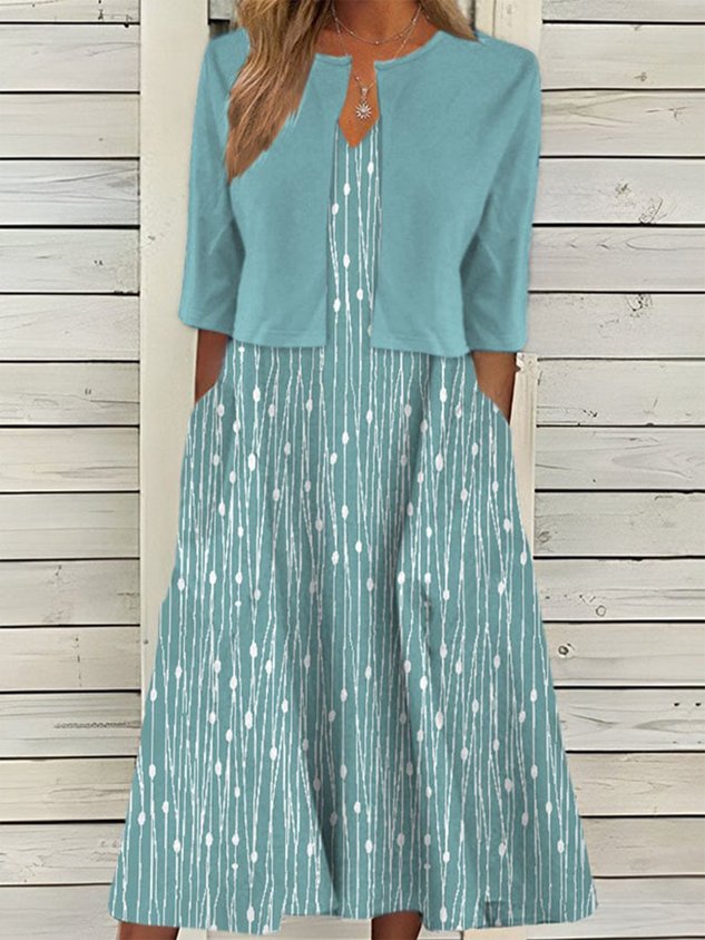 Trendy Polka Dot Print Two-Piece Set V Neck Dress with Cardigan