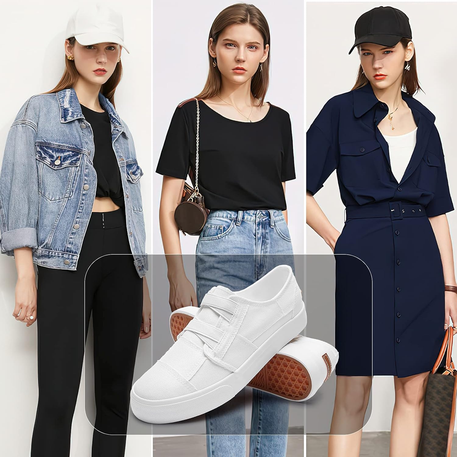 Womens Slip on Shoes Patchwork Canvas Fashion Sneakers Casual Tennis Shoes Walking Flat Shoes(White,US8)