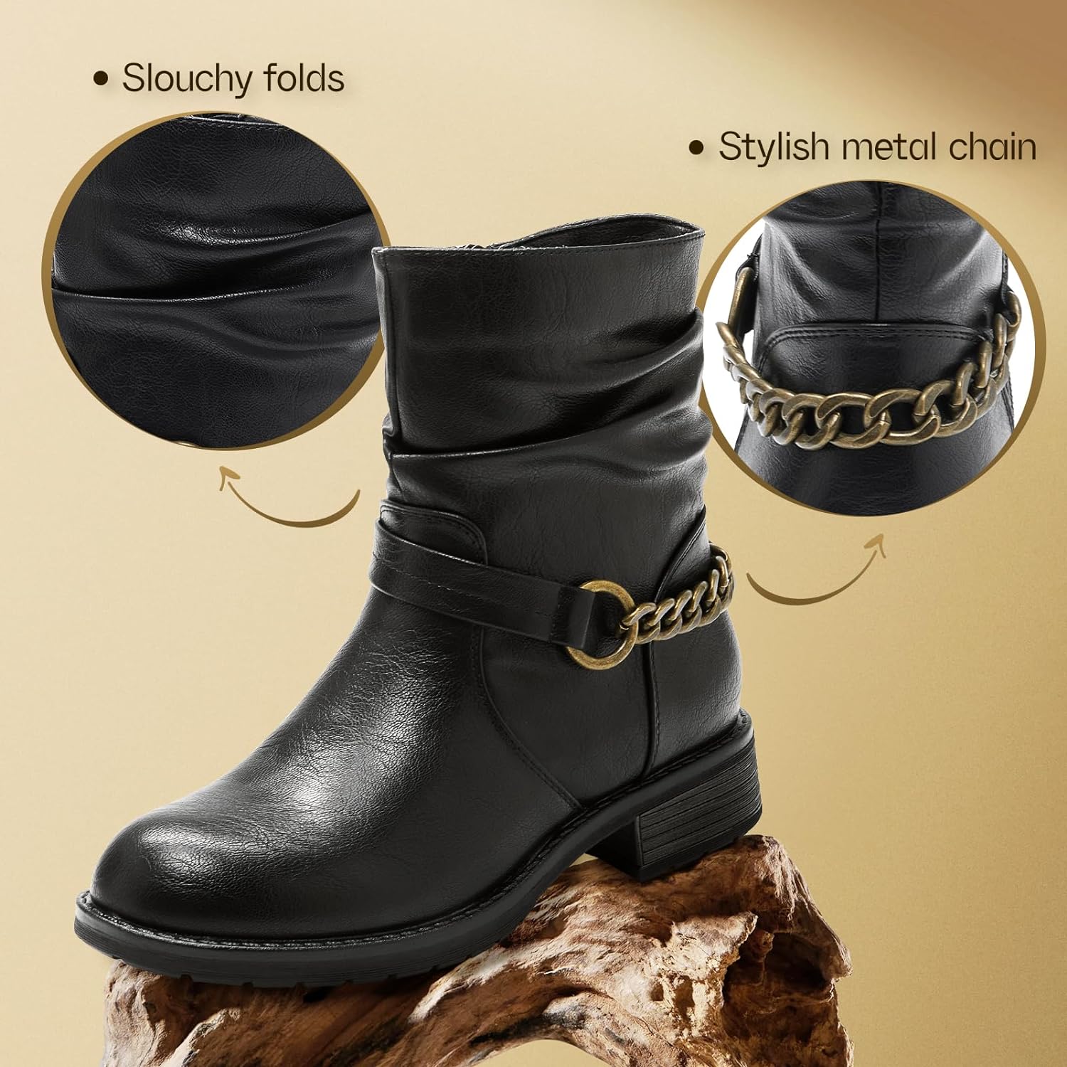 Ankle Booties For Women Low Heel Fall Boots Black Combat Boots Womens Ankle Boots With Chain Strap