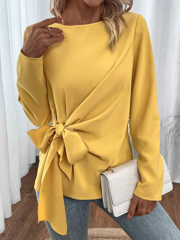 Crew Neck Long Sleeve Halloween Knot Front Regular Micro-Elasticity Loose Shirt For Women