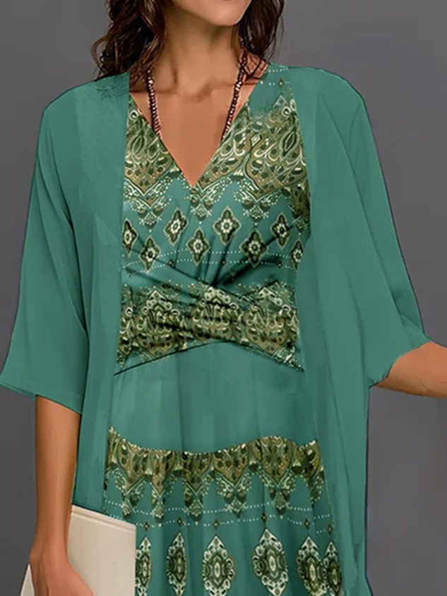 Ethnic V Neck Chiffon Vintage Two-Piece Set