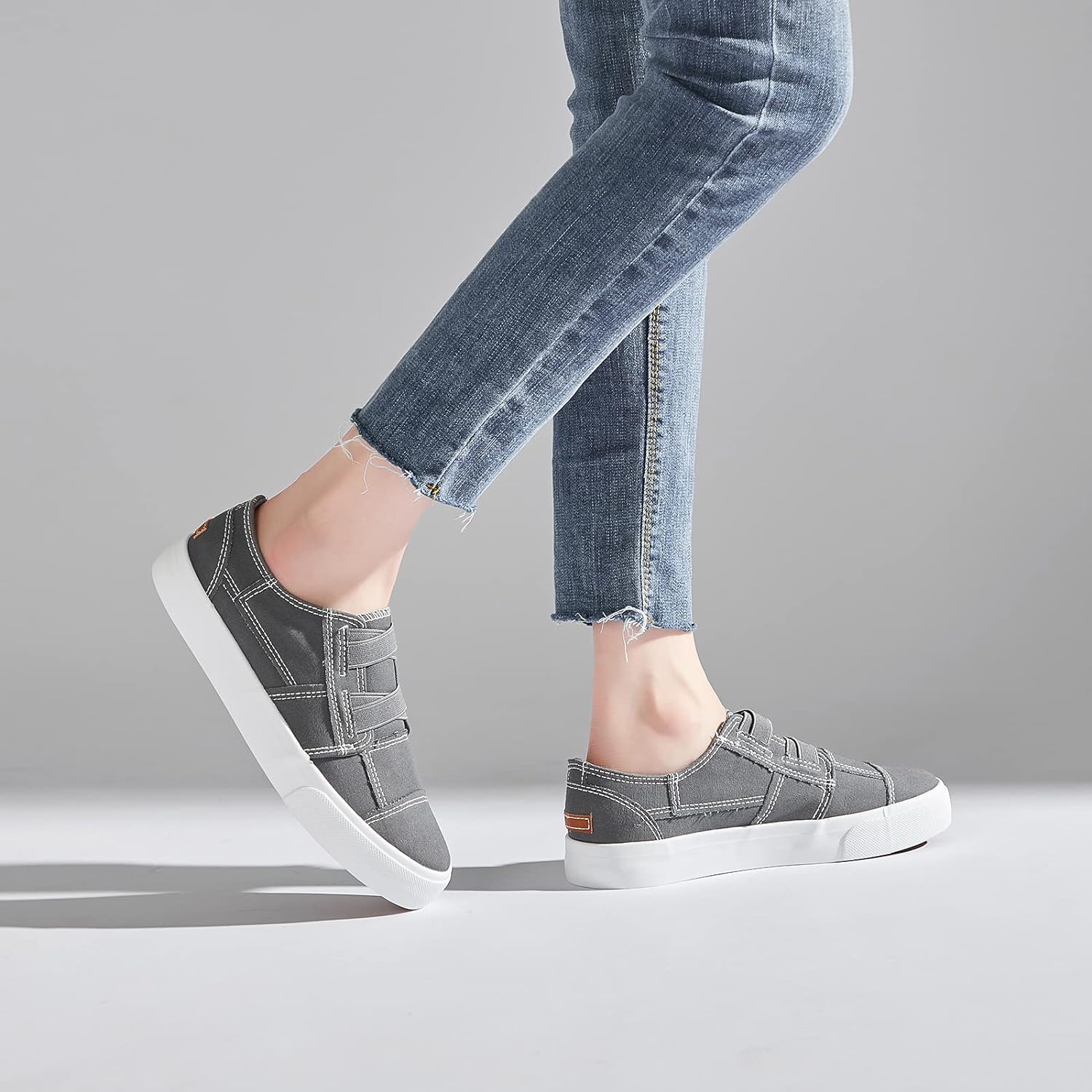 Womens Slip on Shoes Patchwork Canvas Fashion Sneakers Casual Tennis Shoes Walking Flat Shoes(Grey,US5)