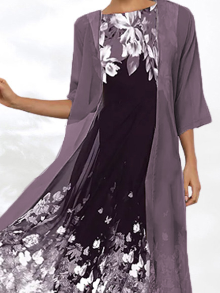 JFN Round Neck 2PCS Floral  Vacation Casual Midi Dress