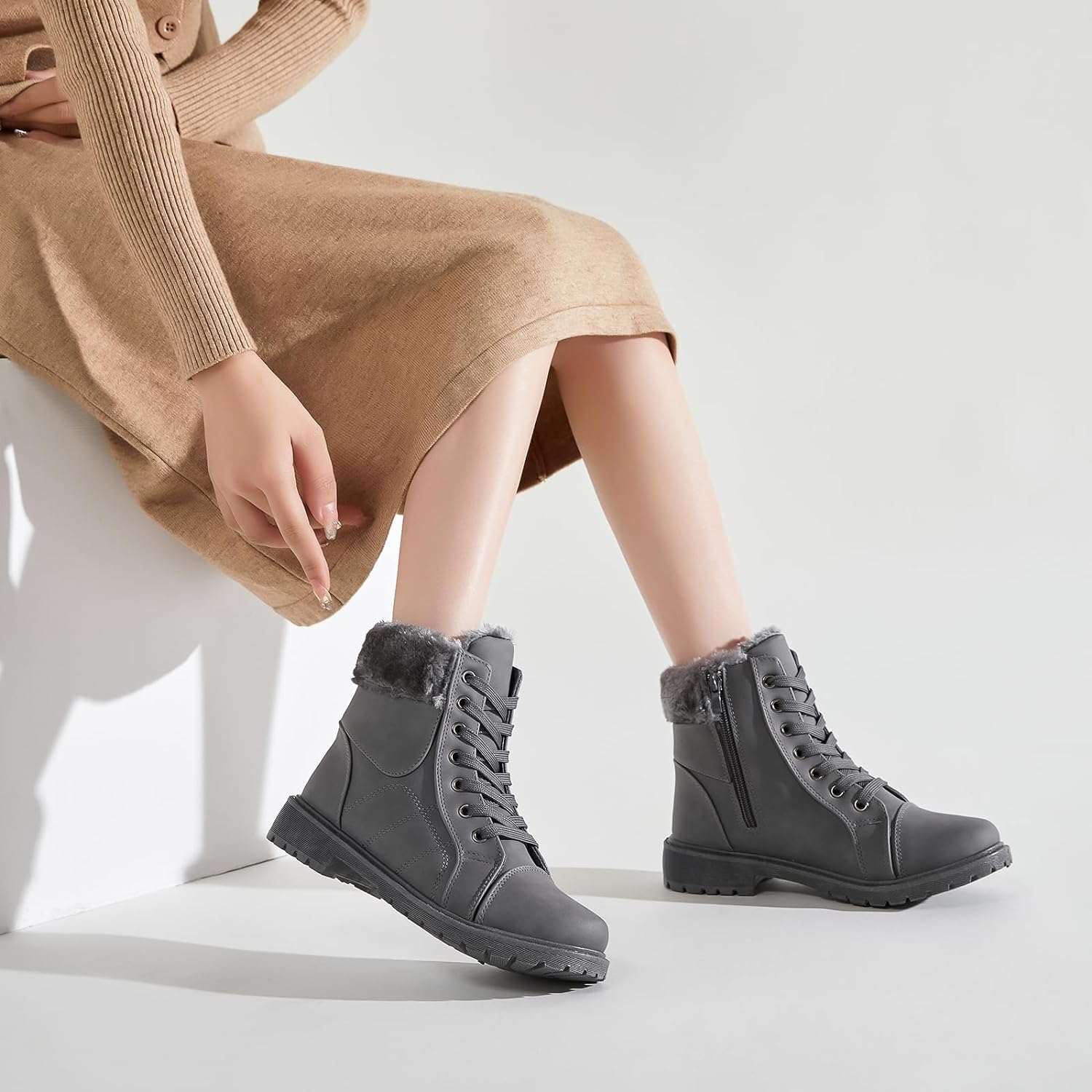 Ankle Boots For Women Lace Up Combat Boots Winter Boots Fashion Snow Boots For Girls Ankle Booties Winter Shoes